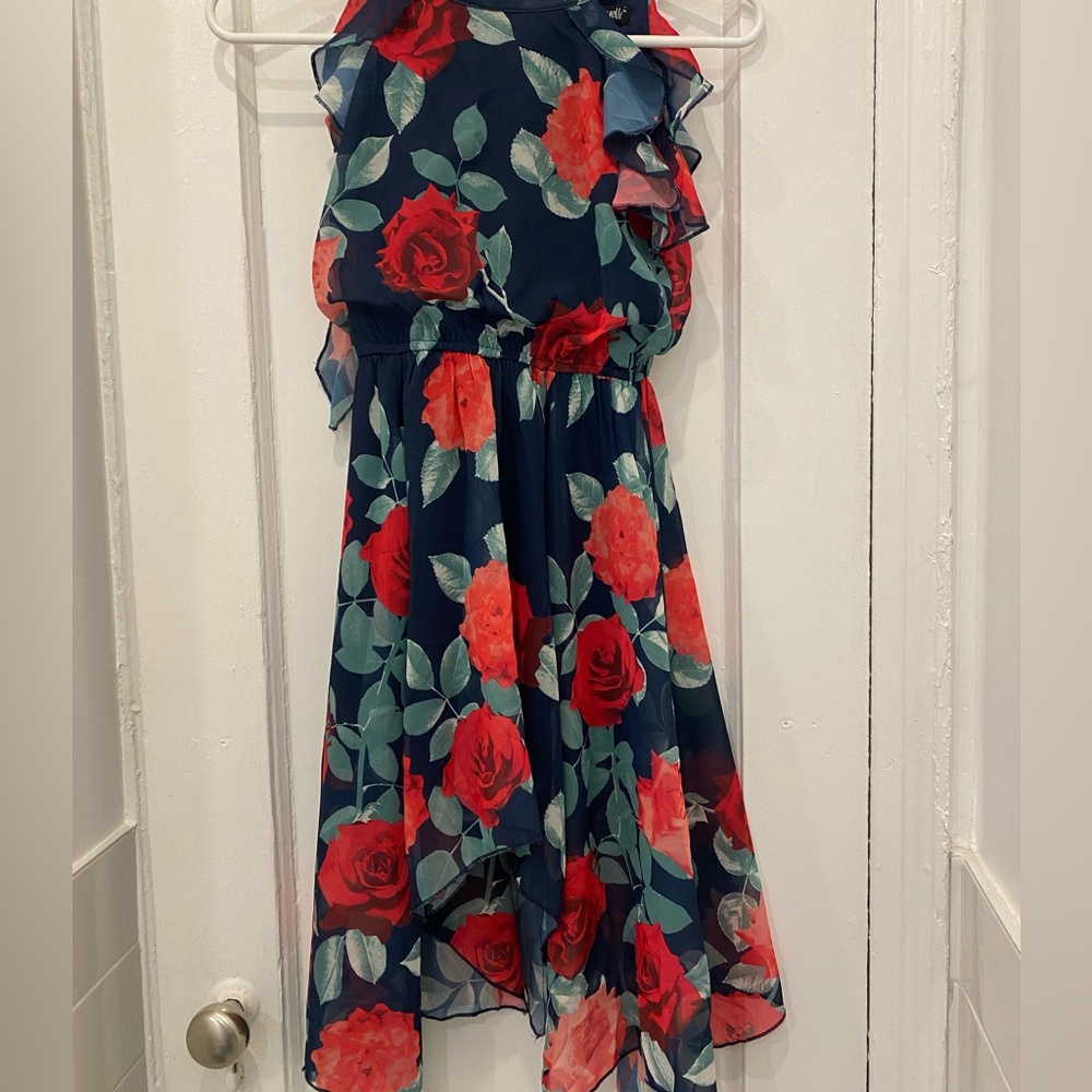 Elegant Floral Kids Dress with Red and Blue Accents